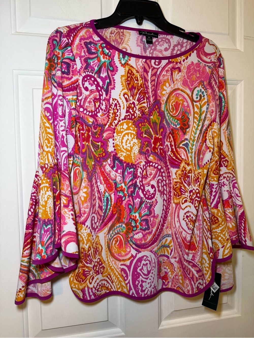 Prelude Vibrant Paisley Print Blouse XS Flutter Sleeve Fuschia Contrast NWT